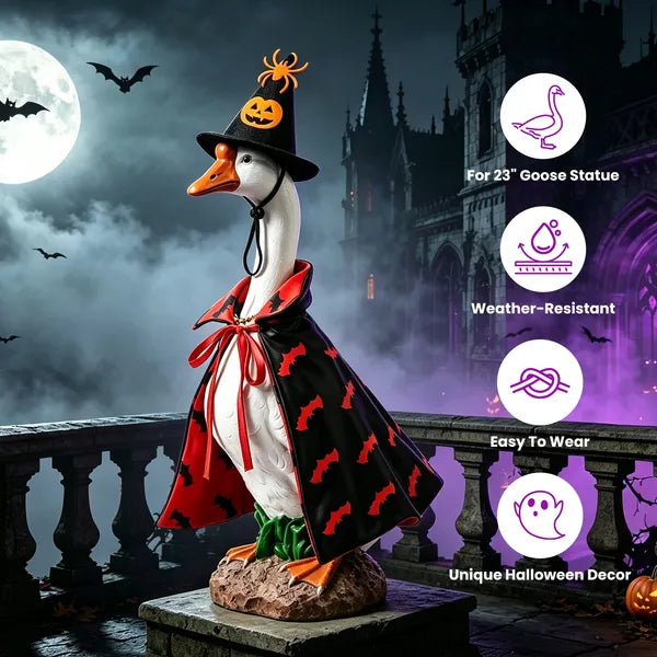 AEELLEEA  Halloween Porch Goose Costume Set, Bat Cape & Pumpkin Spider Witch Hat, Fits 23 Inch Goose Statue, Outdoor Seasonal Porch Decor