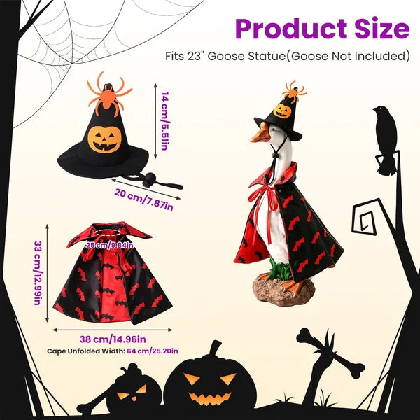 AEELLEEA  Halloween Porch Goose Costume Set, Bat Cape & Pumpkin Spider Witch Hat, Fits 23 Inch Goose Statue, Outdoor Seasonal Porch Decor