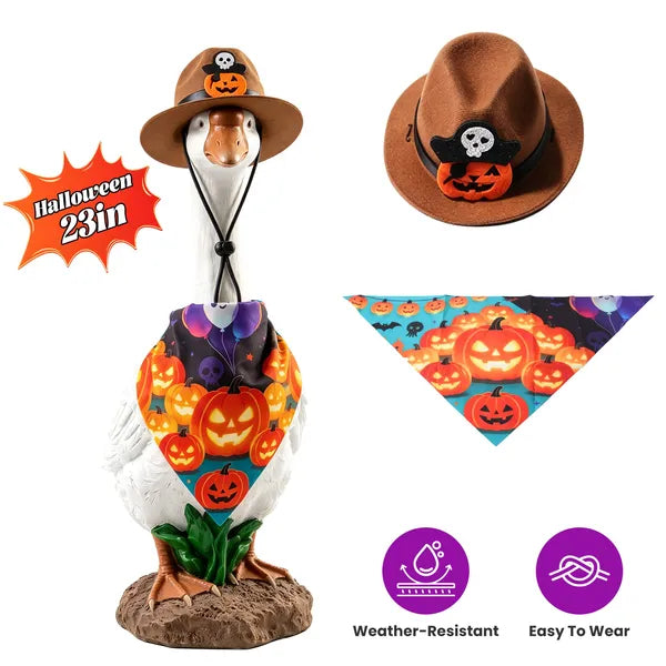 AEELLEEA  Halloween Porch Goose Costume Set, Cowboy Hat & Pumpkin Bandana, Fits 23 Inch Goose Statue, Outdoor Seasonal Porch Decor