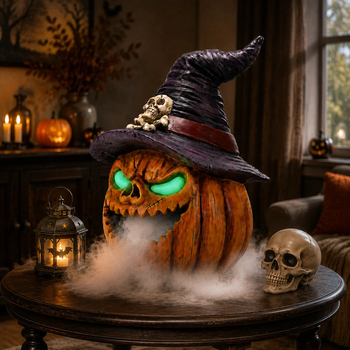 AEELLEEA Halloween Witch Hat Pumpkin, Mist Fogger, Golden LED Glowing Eyes, Resin Jack-O-Lantern Centerpiece, 9.45x9.45x12.99in