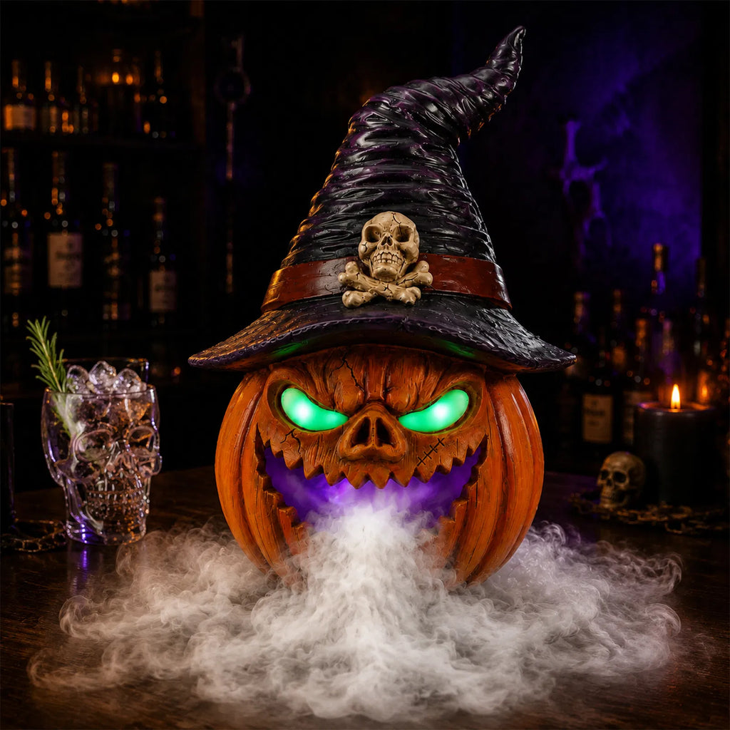 AEELLEEA Halloween Witch Hat Pumpkin, Mist Fogger, Golden LED Glowing Eyes, Resin Jack-O-Lantern Centerpiece, 9.45x9.45x12.99in