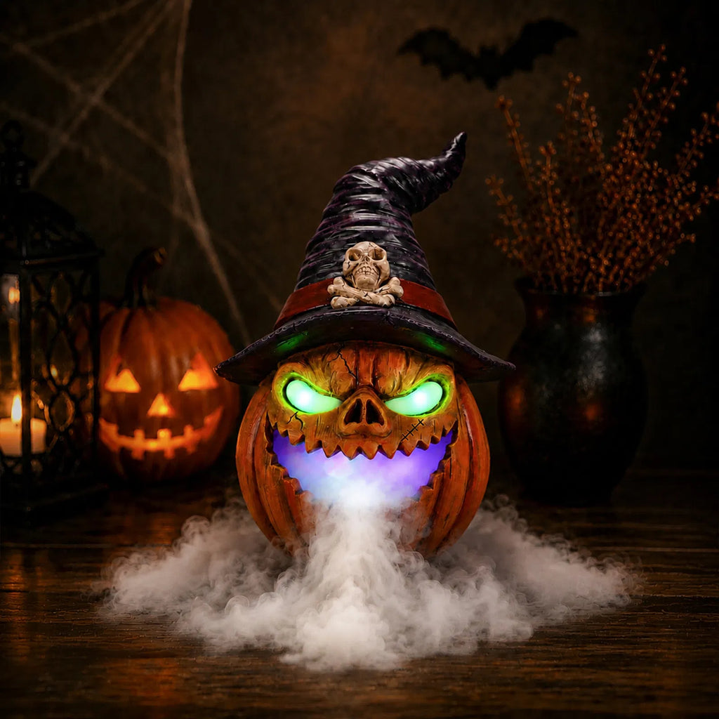 AEELLEEA Halloween Witch Hat Pumpkin, Mist Fogger, Golden LED Glowing Eyes, Resin Jack-O-Lantern Centerpiece, 9.45x9.45x12.99in