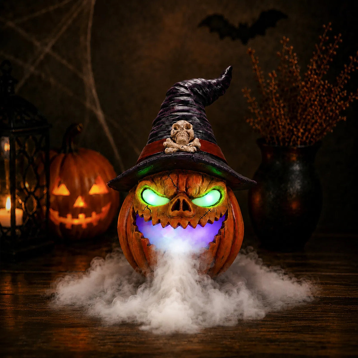 AEELLEEA Halloween Witch Hat Pumpkin, Mist Fogger, Golden LED Glowing Eyes, Resin Jack-O-Lantern Centerpiece, 9.45x9.45x12.99in