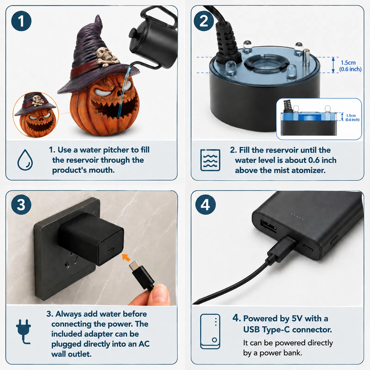 AEELLEEA Halloween Witch Hat Pumpkin, Mist Fogger, Golden LED Glowing Eyes, Resin Jack-O-Lantern Centerpiece, 9.45x9.45x12.99in