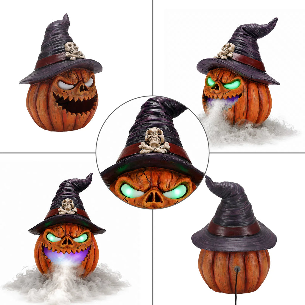 AEELLEEA Halloween Witch Hat Pumpkin, Mist Fogger, Golden LED Glowing Eyes, Resin Jack-O-Lantern Centerpiece, 9.45x9.45x12.99in