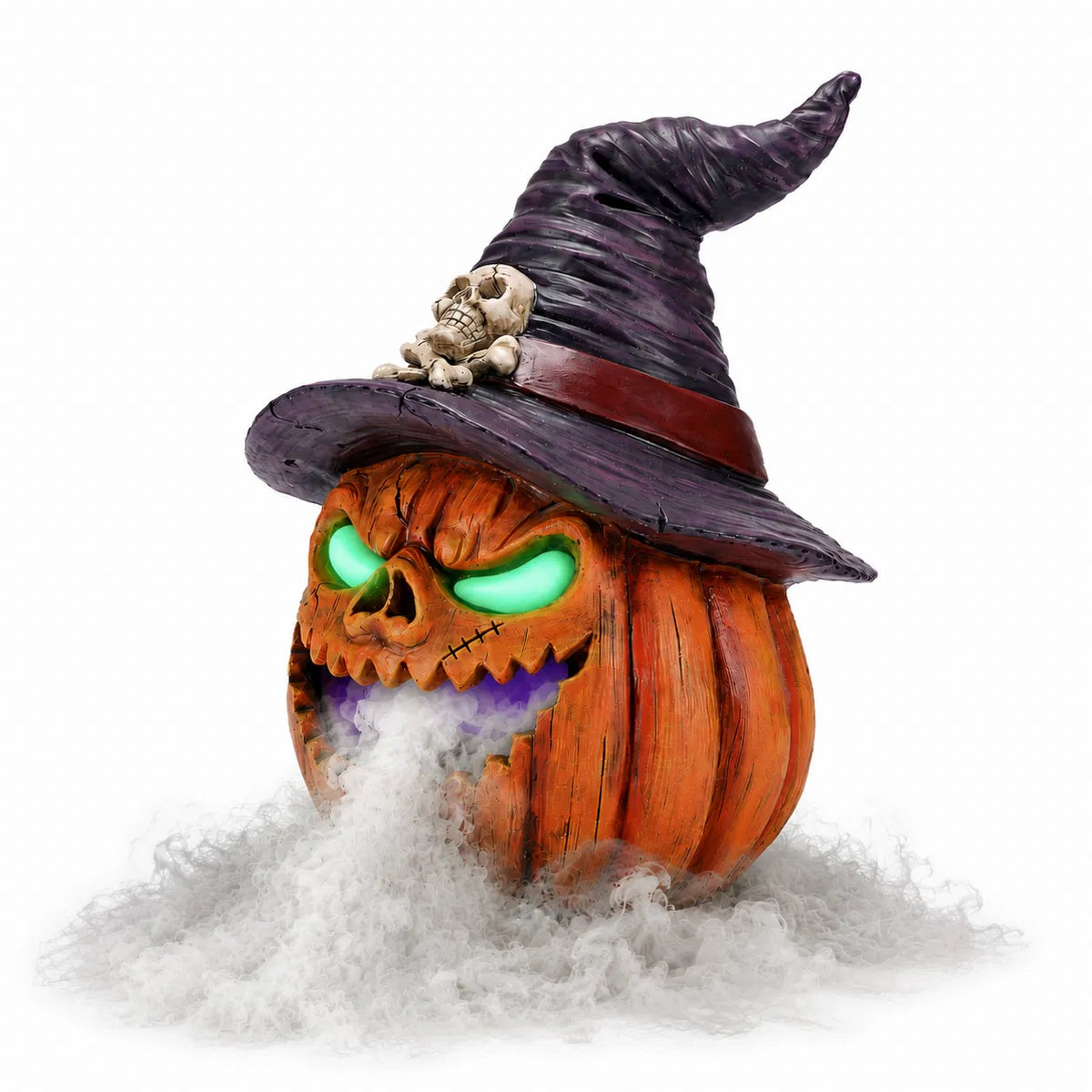 AEELLEEA Halloween Witch Hat Pumpkin, Mist Fogger, Golden LED Glowing Eyes, Resin Jack-O-Lantern Centerpiece, 9.45x9.45x12.99in