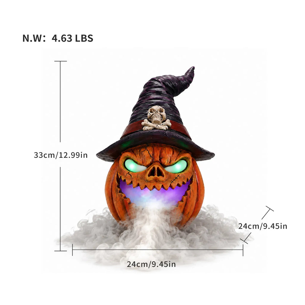 AEELLEEA Halloween Witch Hat Pumpkin, Mist Fogger, Golden LED Glowing Eyes, Resin Jack-O-Lantern Centerpiece, 9.45x9.45x12.99in