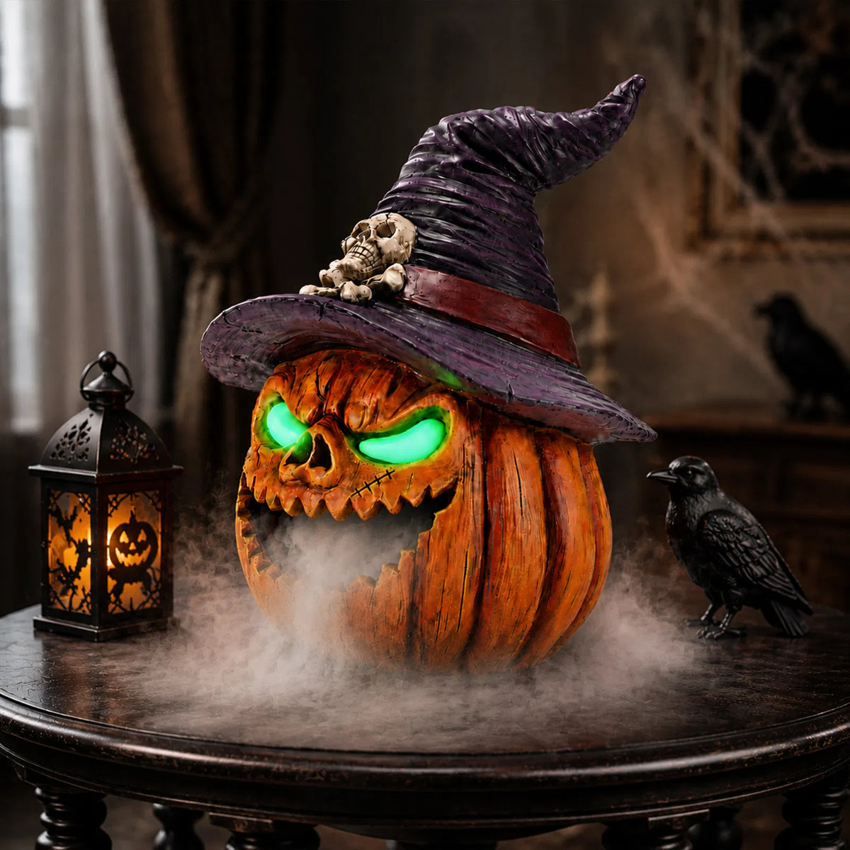 AEELLEEA Halloween Witch Hat Pumpkin, Mist Fogger, Golden LED Glowing Eyes, Resin Jack-O-Lantern Centerpiece, 9.45x9.45x12.99in