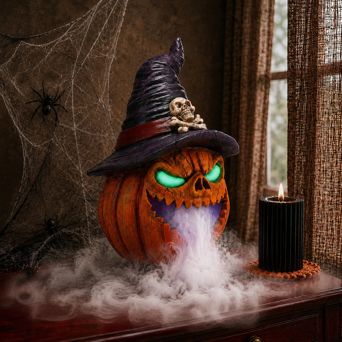 AEELLEEA Halloween Witch Hat Pumpkin, Mist Fogger, Golden LED Glowing Eyes, Resin Jack-O-Lantern Centerpiece, 9.45x9.45x12.99in