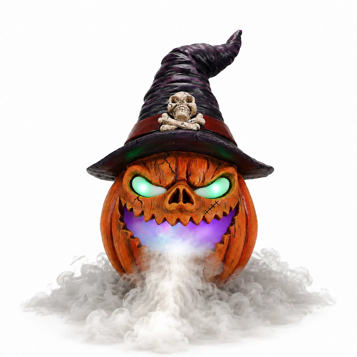 AEELLEEA Halloween Witch Hat Pumpkin, Mist Fogger, Golden LED Glowing Eyes, Resin Jack-O-Lantern Centerpiece, 9.45x9.45x12.99in