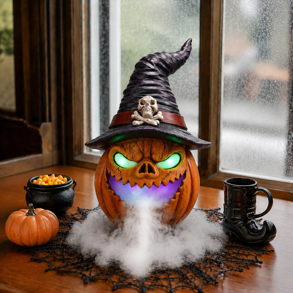 AEELLEEA Halloween Witch Hat Pumpkin, Mist Fogger, Golden LED Glowing Eyes, Resin Jack-O-Lantern Centerpiece, 9.45x9.45x12.99in