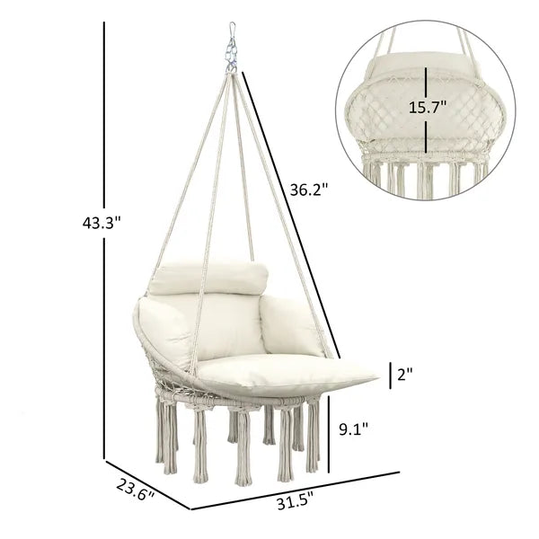 Aeelleea Macrame Hammock Swing Chair with Cushion, 31.5"×23.6" Hanging Chair with Steel Frame & Chain, Indoor Outdoor Boho Hanging Seat