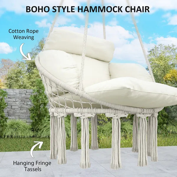 Aeelleea Macrame Hammock Swing Chair with Cushion, 31.5"×23.6" Hanging Chair with Steel Frame & Chain, Indoor Outdoor Boho Hanging Seat