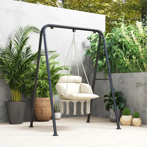 Aeelleea Macrame Hammock Swing Chair with Cushion, 31.5"×23.6" Hanging Chair with Steel Frame & Chain, Indoor Outdoor Boho Hanging Seat