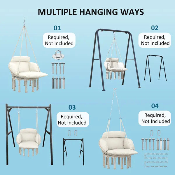 Aeelleea Macrame Hammock Swing Chair with Cushion, 31.5"×23.6" Hanging Chair with Steel Frame & Chain, Indoor Outdoor Boho Hanging Seat