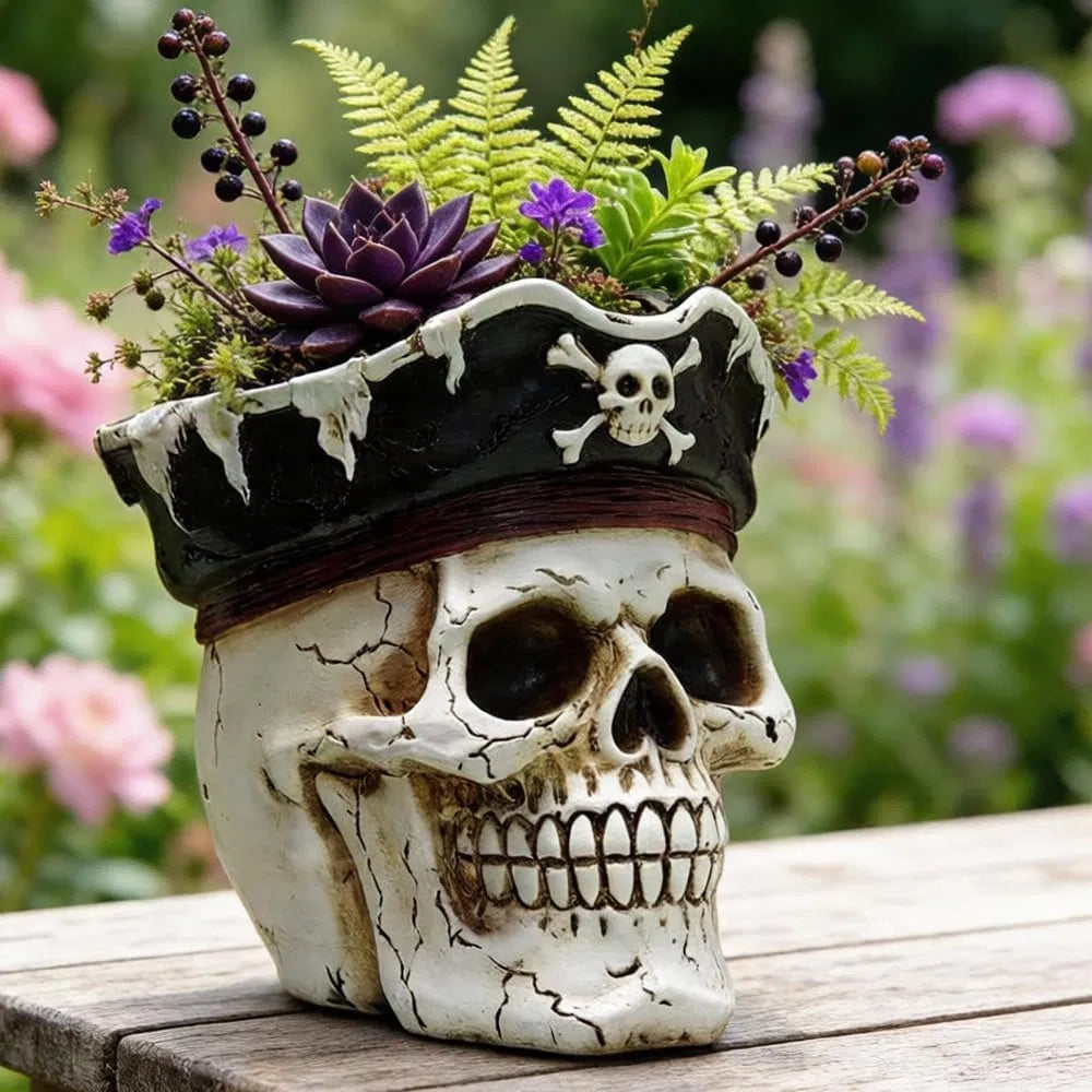 Pirate Skull Planter Gothic Skeleton Flower Pot with Drainage, Hand Painted Resin Succulent Cactus Indoor Outdoor Halloween Decor