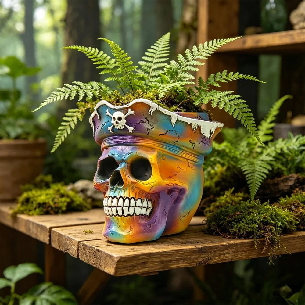 Pirate Skull Planter Gothic Skeleton Flower Pot with Drainage, Hand Painted Resin Succulent Cactus Indoor Outdoor Halloween Decor