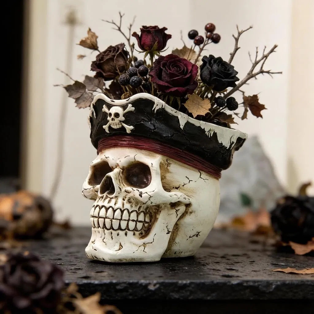 Pirate Skull Planter Gothic Skeleton Flower Pot with Drainage, Hand Painted Resin Succulent Cactus Indoor Outdoor Halloween Decor