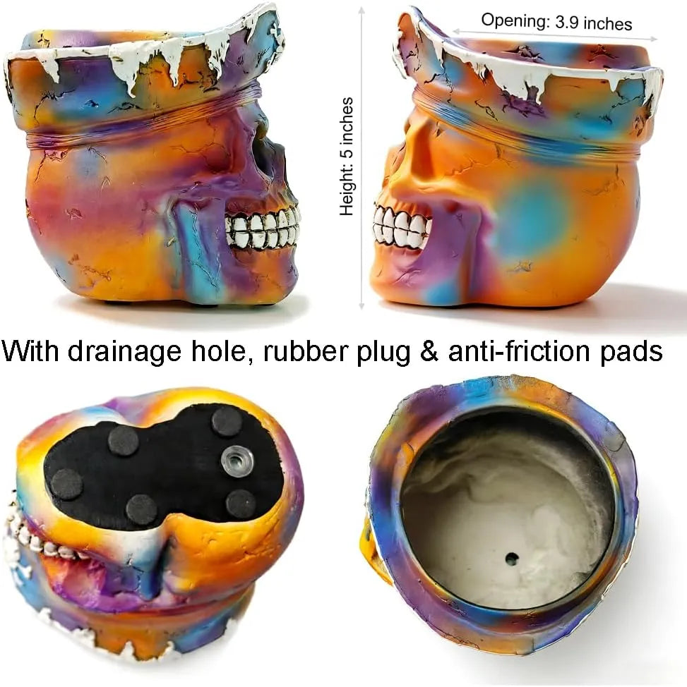 Pirate Skull Planter Gothic Skeleton Flower Pot with Drainage, Hand Painted Resin Succulent Cactus Indoor Outdoor Halloween Decor