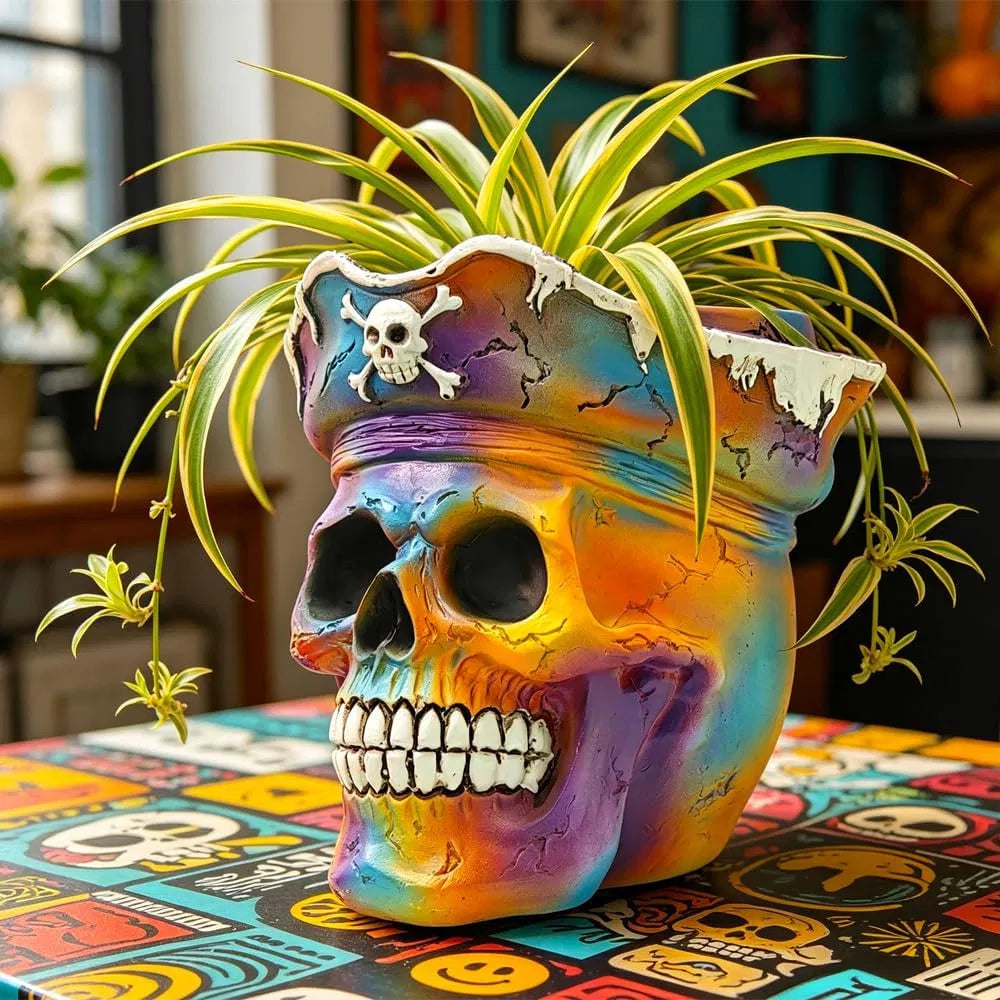 Pirate Skull Planter Gothic Skeleton Flower Pot with Drainage, Hand Painted Resin Succulent Cactus Indoor Outdoor Halloween Decor