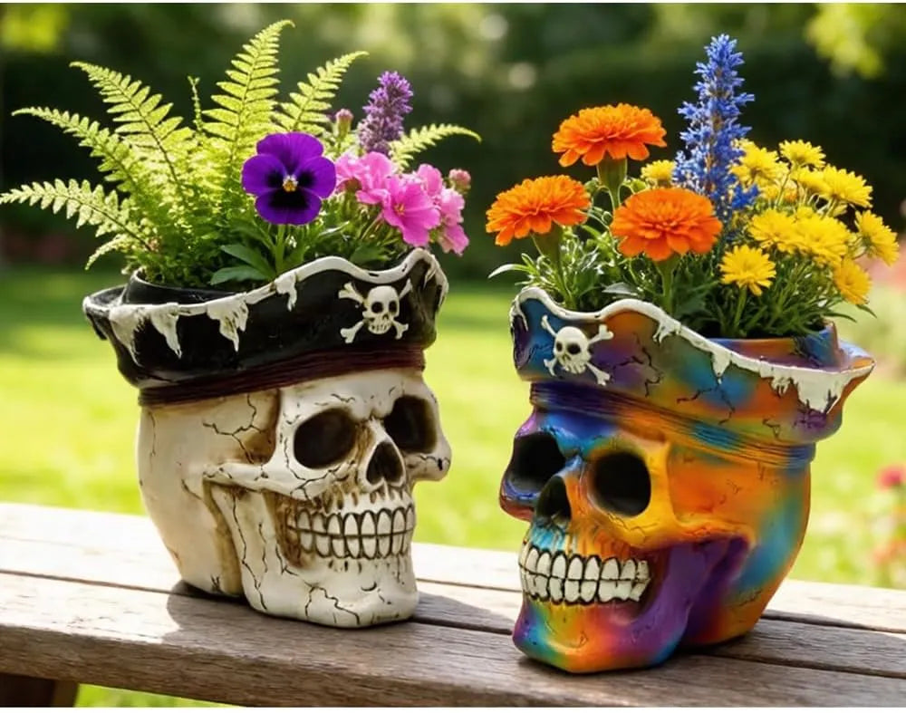 Pirate Skull Planter Gothic Skeleton Flower Pot with Drainage, Hand Painted Resin Succulent Cactus Indoor Outdoor Halloween Decor