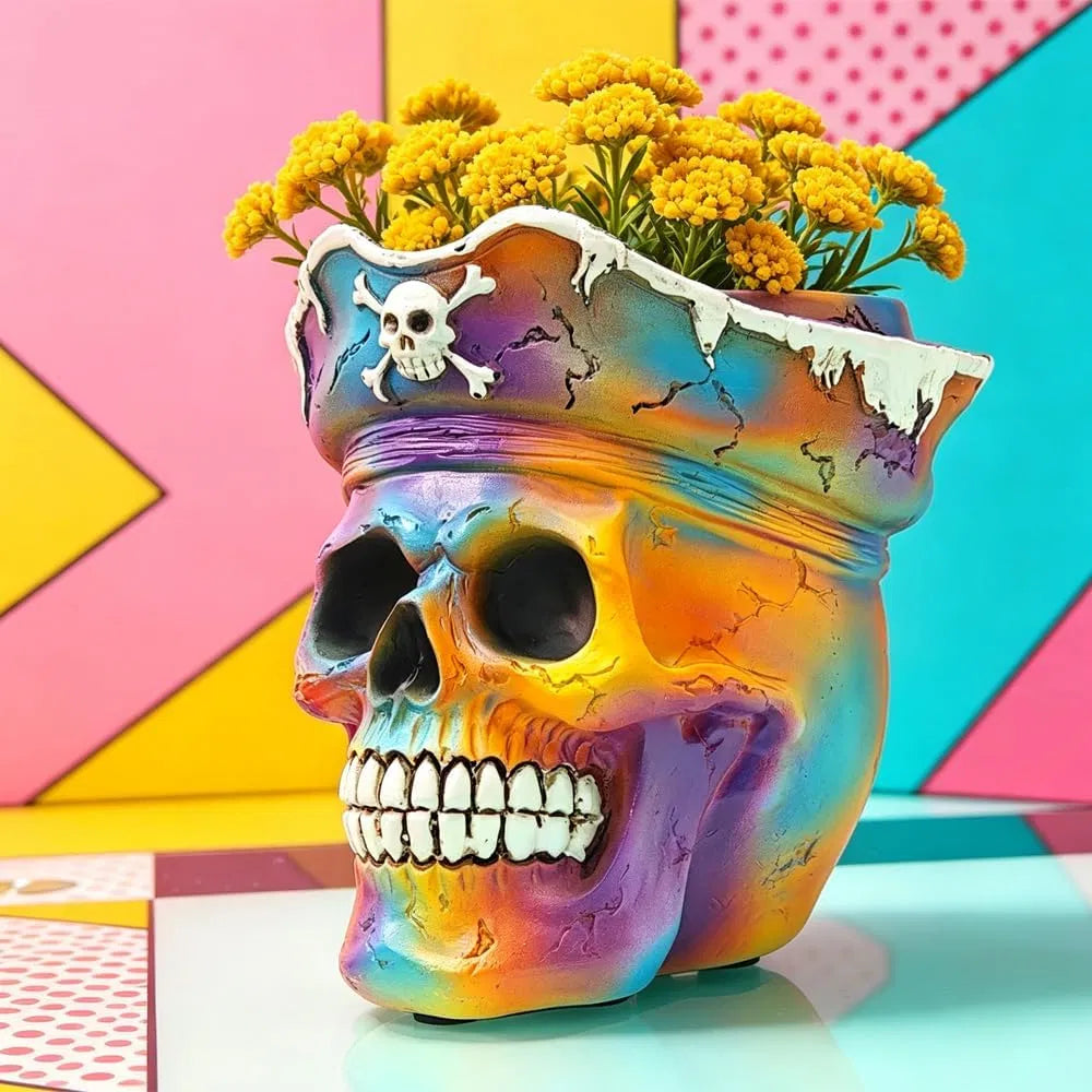 Pirate Skull Planter Gothic Skeleton Flower Pot with Drainage, Hand Painted Resin Succulent Cactus Indoor Outdoor Halloween Decor