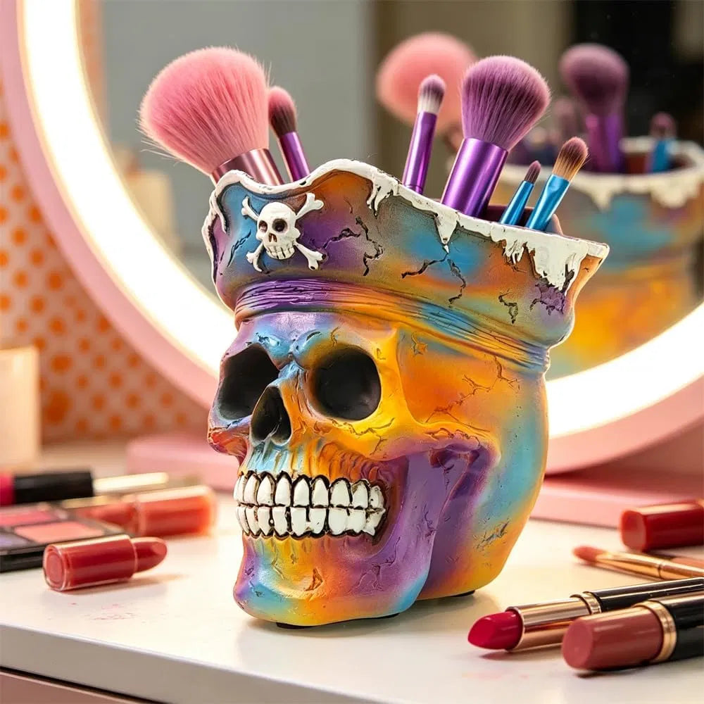 Pirate Skull Planter Gothic Skeleton Flower Pot with Drainage, Hand Painted Resin Succulent Cactus Indoor Outdoor Halloween Decor