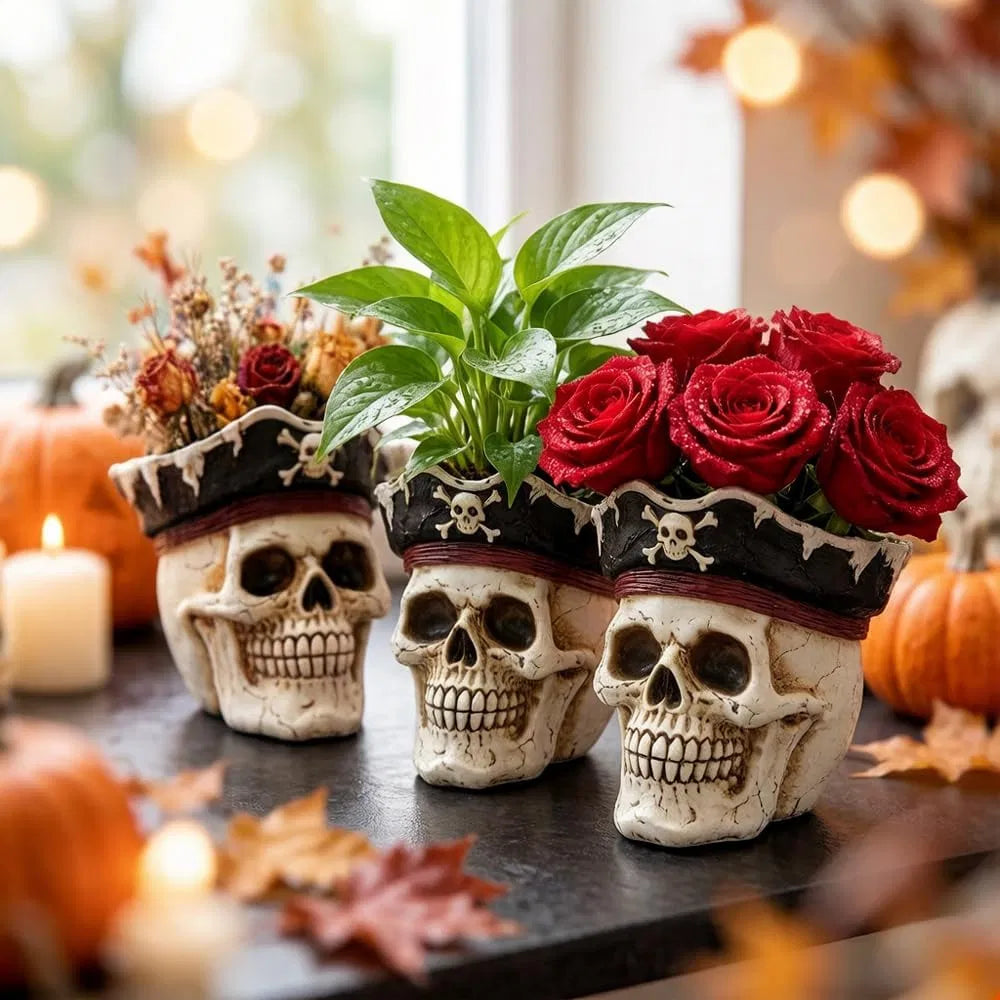 Pirate Skull Planter Gothic Skeleton Flower Pot with Drainage, Hand Painted Resin Succulent Cactus Indoor Outdoor Halloween Decor