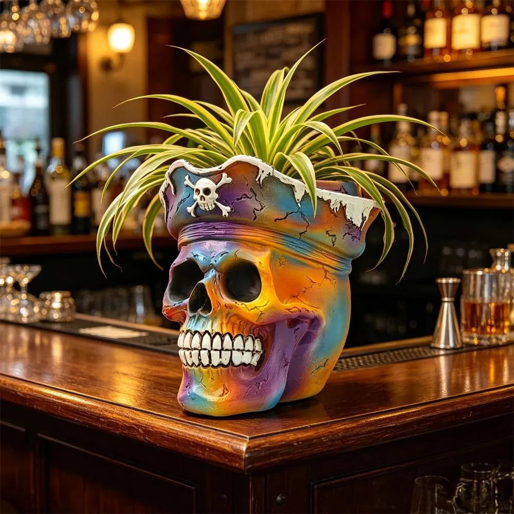 Pirate Skull Planter Gothic Skeleton Flower Pot with Drainage, Hand Painted Resin Succulent Cactus Indoor Outdoor Halloween Decor