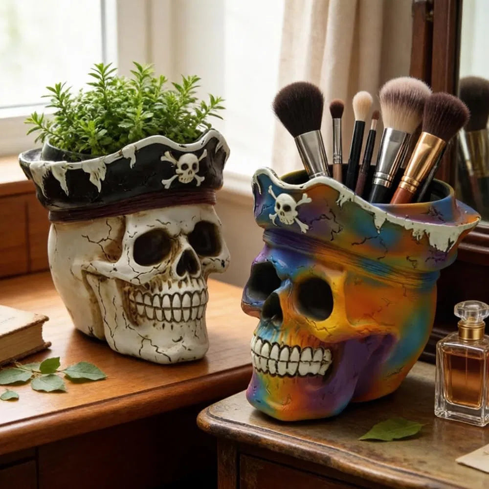 Pirate Skull Planter Gothic Skeleton Flower Pot with Drainage, Hand Painted Resin Succulent Cactus Indoor Outdoor Halloween Decor