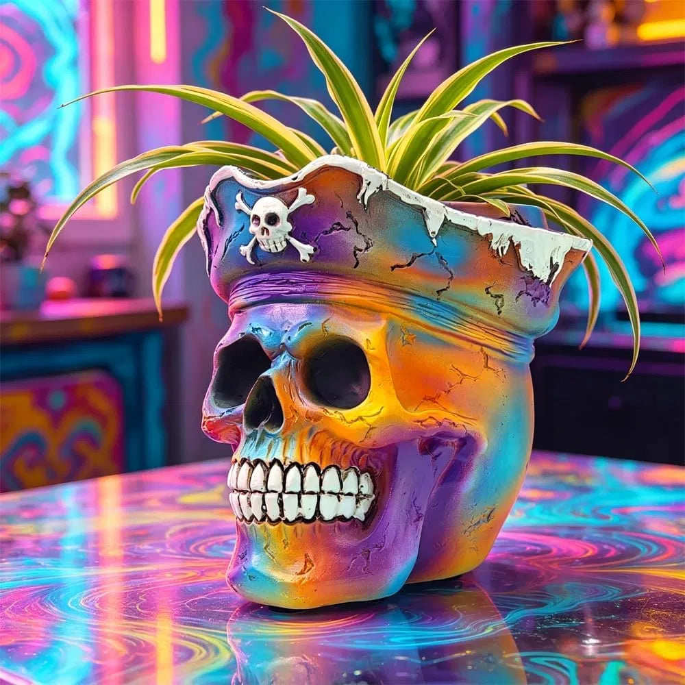 Pirate Skull Planter Gothic Skeleton Flower Pot with Drainage, Hand Painted Resin Succulent Cactus Indoor Outdoor Halloween Decor