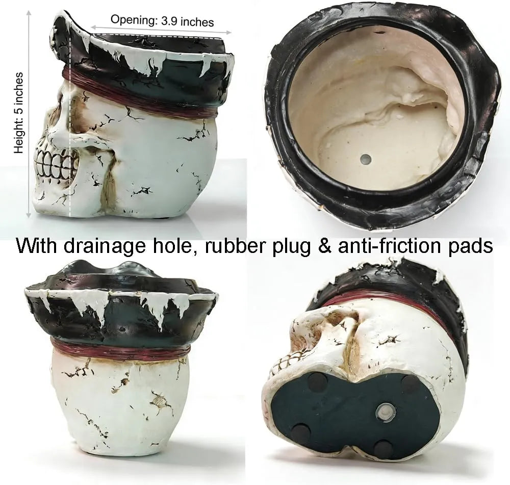 Pirate Skull Planter Gothic Skeleton Flower Pot with Drainage, Hand Painted Resin Succulent Cactus Indoor Outdoor Halloween Decor