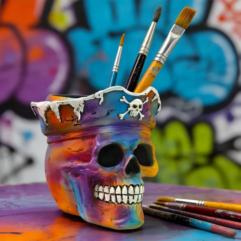 Pirate Skull Planter Gothic Skeleton Flower Pot with Drainage, Hand Painted Resin Succulent Cactus Indoor Outdoor Halloween Decor