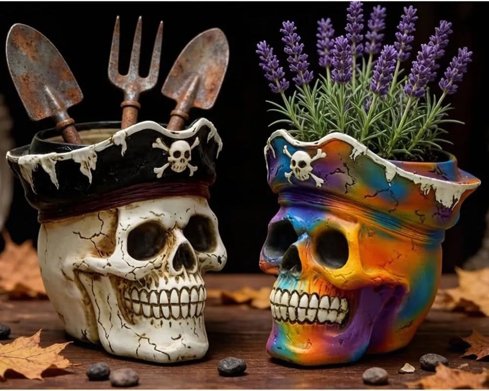 Pirate Skull Planter Gothic Skeleton Flower Pot with Drainage, Hand Painted Resin Succulent Cactus Indoor Outdoor Halloween Decor