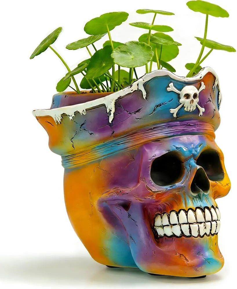 Pirate Skull Planter Gothic Skeleton Flower Pot with Drainage, Hand Painted Resin Succulent Cactus Indoor Outdoor Halloween Decor