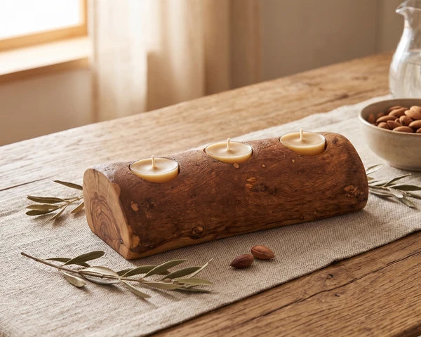 Aeelleea Handcrafted Olive Wood 3-Candle Holder, Rustic Centerpiece Tray for Dining Table Living Room Decor