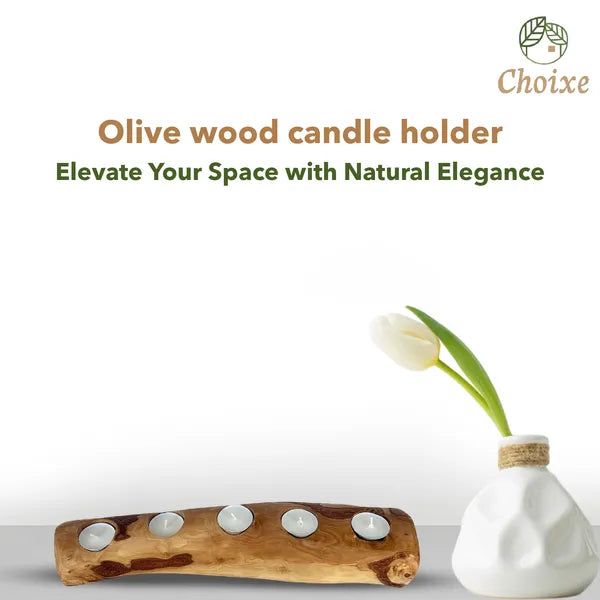 Aeelleea Handcrafted Olive Wood 3-Candle Holder, Rustic Centerpiece Tray for Dining Table Living Room Decor
