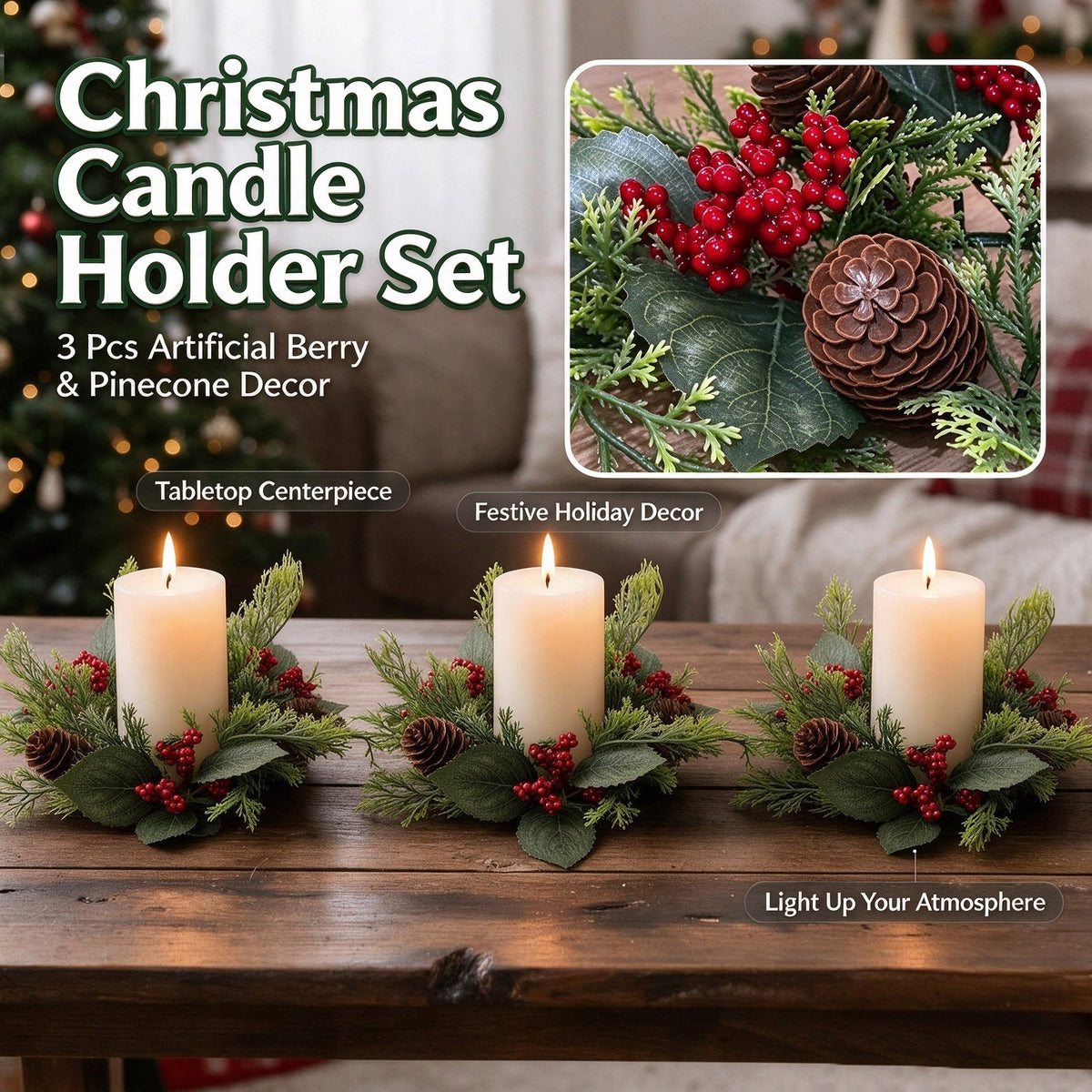 Christmas Candle Ring Wreath Set, Berry and Pine Branch Candle Holders, 2.95 in Inner Diameter Decorative Centerpieces for Table, Mantel and Wall Decor