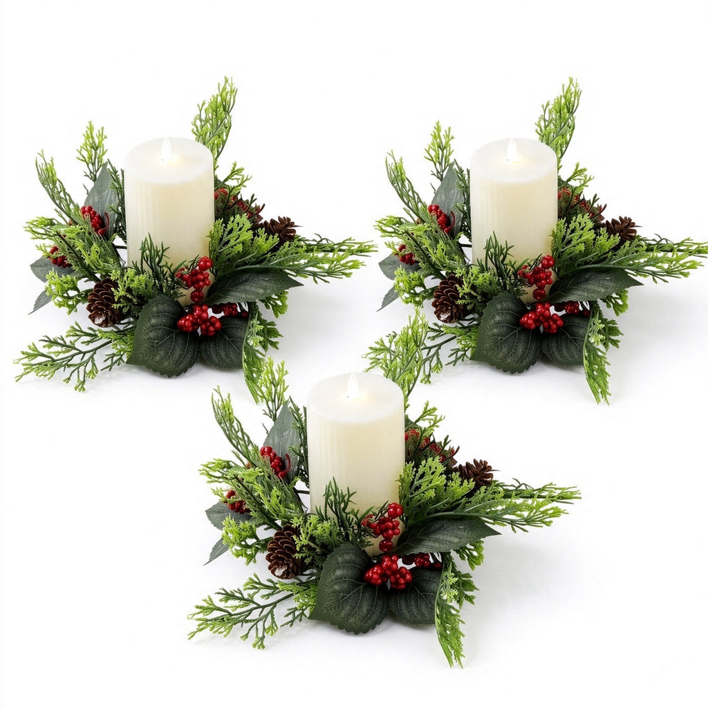 Christmas Candle Ring Wreath Set, Berry and Pine Branch Candle Holders, 2.95 in Inner Diameter Decorative Centerpieces for Table, Mantel and Wall Decor