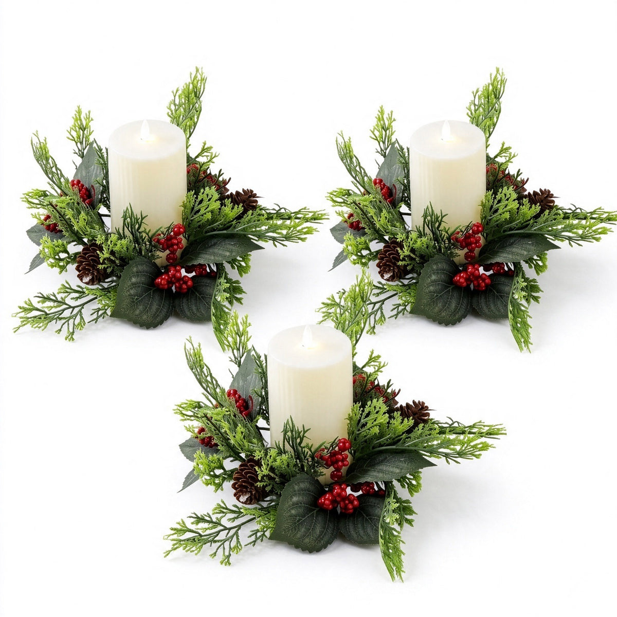 Christmas Candle Ring Wreath Set, Berry and Pine Branch Candle Holders, 2.95 in Inner Diameter Decorative Centerpieces for Table, Mantel and Wall Decor