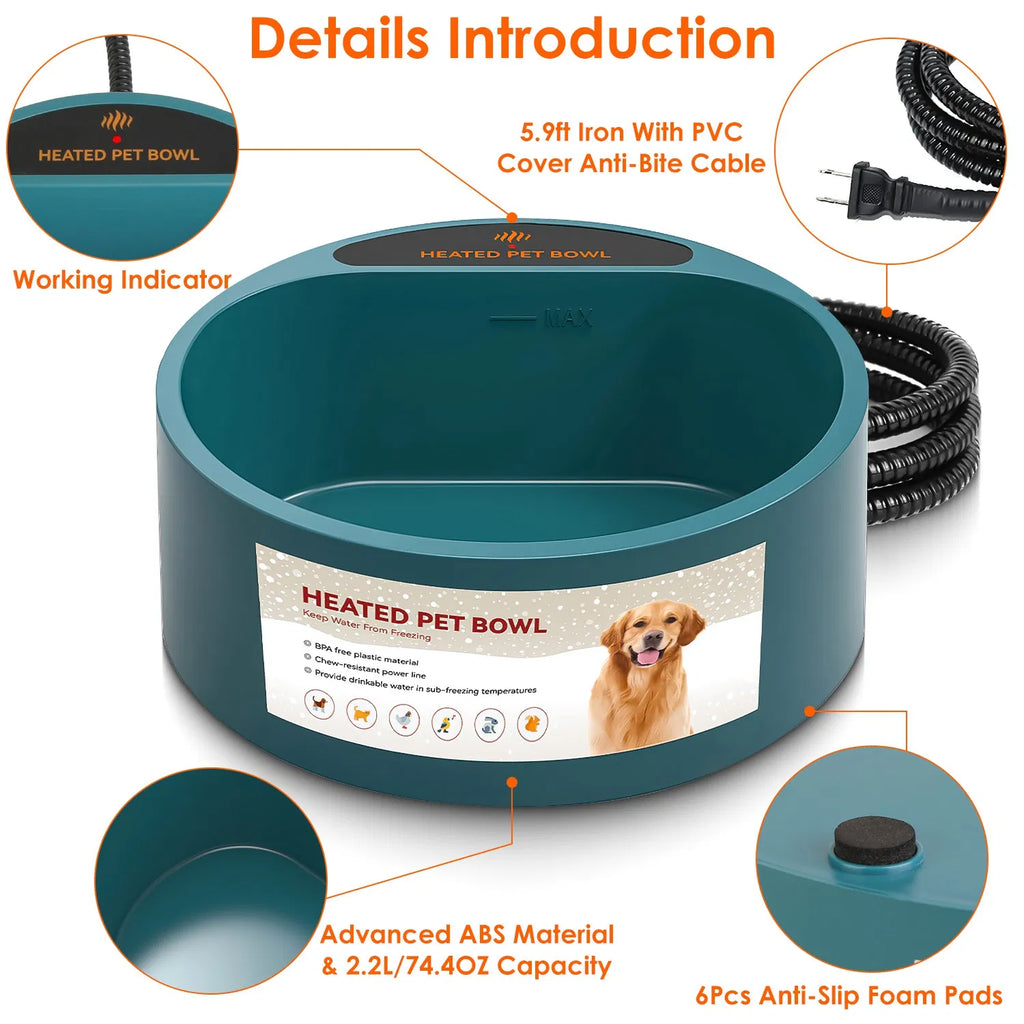 AEELLEEA Heated Pet Water Bowl 74.4oz Thermostatic IP67 Waterproof Anti-Chew Cord Non-Slip for Dogs Cats Outdoor Winter Army Green