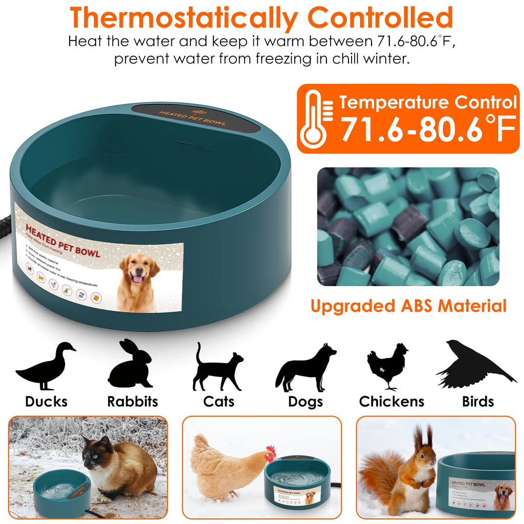 AEELLEEA Heated Pet Water Bowl 74.4oz Thermostatic IP67 Waterproof Anti-Chew Cord Non-Slip for Dogs Cats Outdoor Winter Army Green