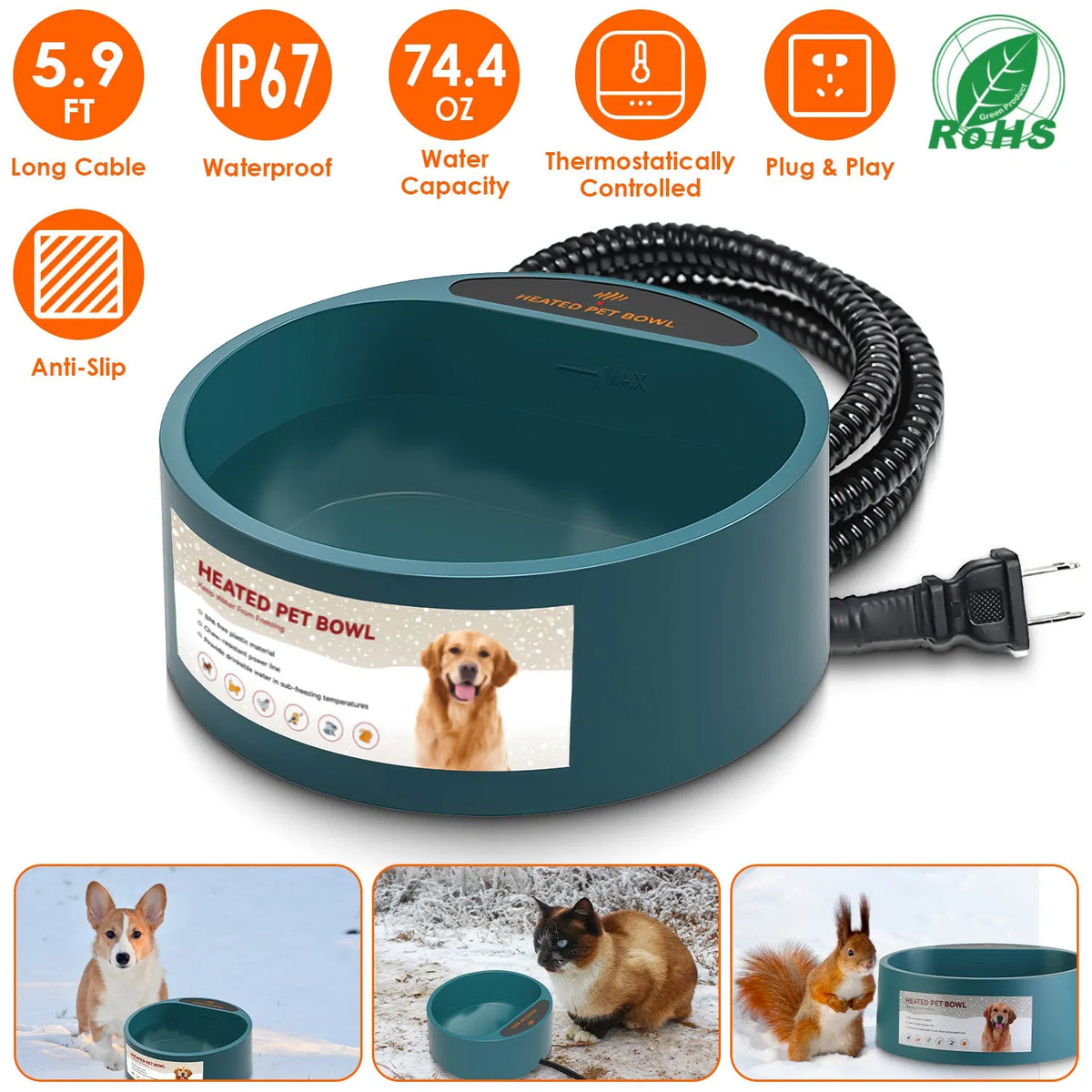 AEELLEEA Heated Pet Water Bowl 74.4oz Thermostatic IP67 Waterproof Anti-Chew Cord Non-Slip for Dogs Cats Outdoor Winter Army Green