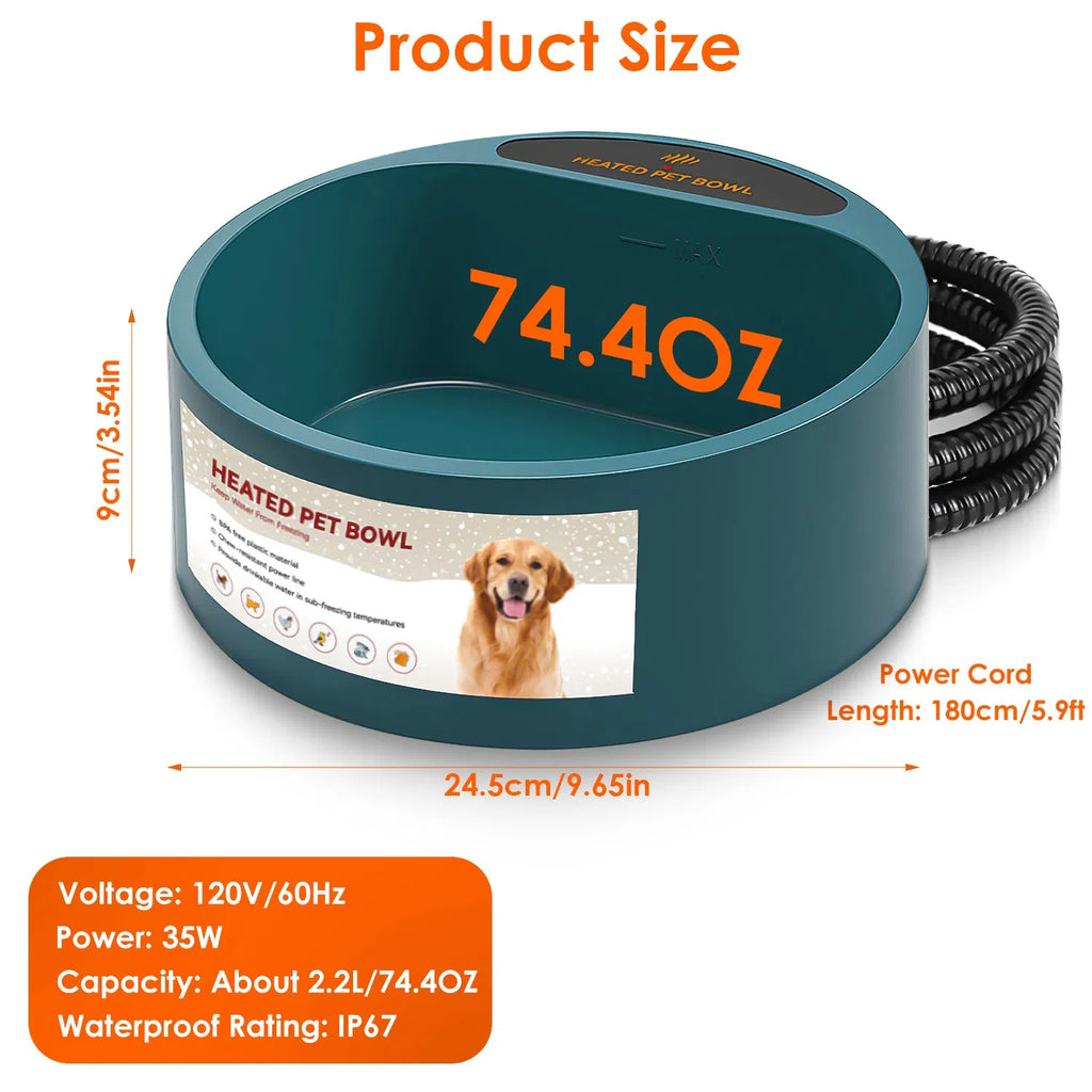 AEELLEEA Heated Pet Water Bowl 74.4oz Thermostatic IP67 Waterproof Anti-Chew Cord Non-Slip for Dogs Cats Outdoor Winter Army Green