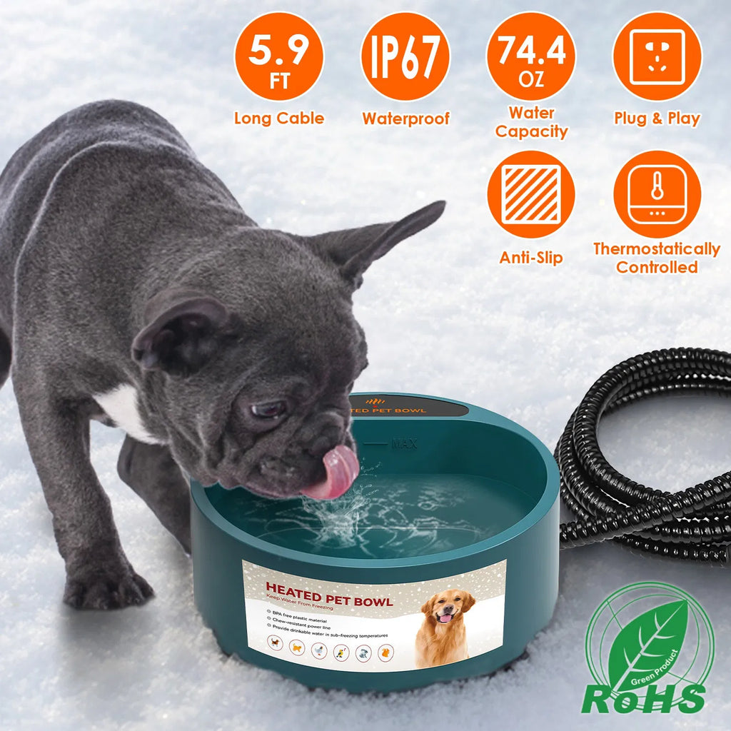 AEELLEEA Heated Pet Water Bowl 74.4oz Thermostatic IP67 Waterproof Anti-Chew Cord Non-Slip for Dogs Cats Outdoor Winter Army Green