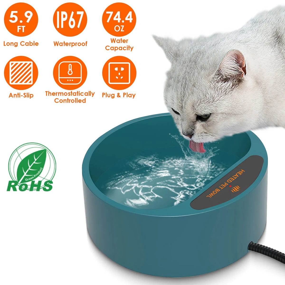 AEELLEEA Heated Pet Water Bowl 74.4oz Thermostatic IP67 Waterproof Anti-Chew Cord Non-Slip for Dogs Cats Outdoor Winter Army Green
