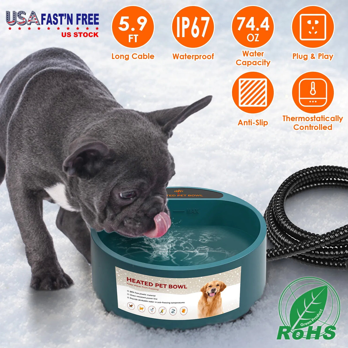 AEELLEEA Heated Pet Water Bowl 74.4oz Thermostatic IP67 Waterproof Anti-Chew Cord Non-Slip for Dogs Cats Outdoor Winter Army Green