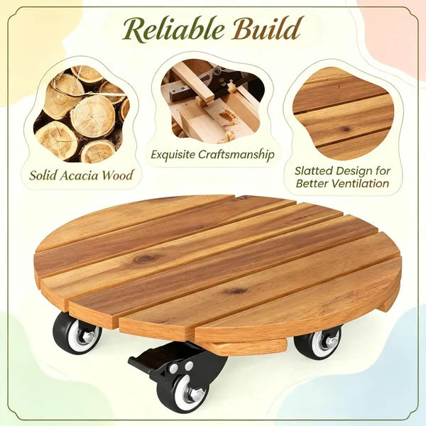 Heavy Duty Acacia Wood Rolling Plant Stand with 360° Lockable Casters, Mobile Plant Caddy for Home & Garden