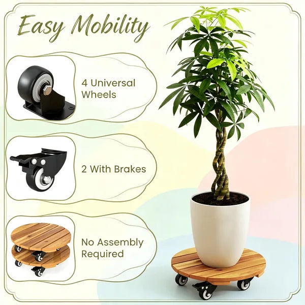 Heavy Duty Acacia Wood Rolling Plant Stand with 360° Lockable Casters, Mobile Plant Caddy for Home & Garden