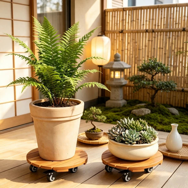 Heavy Duty Acacia Wood Rolling Plant Stand with 360° Lockable Casters, Mobile Plant Caddy for Home & Garden